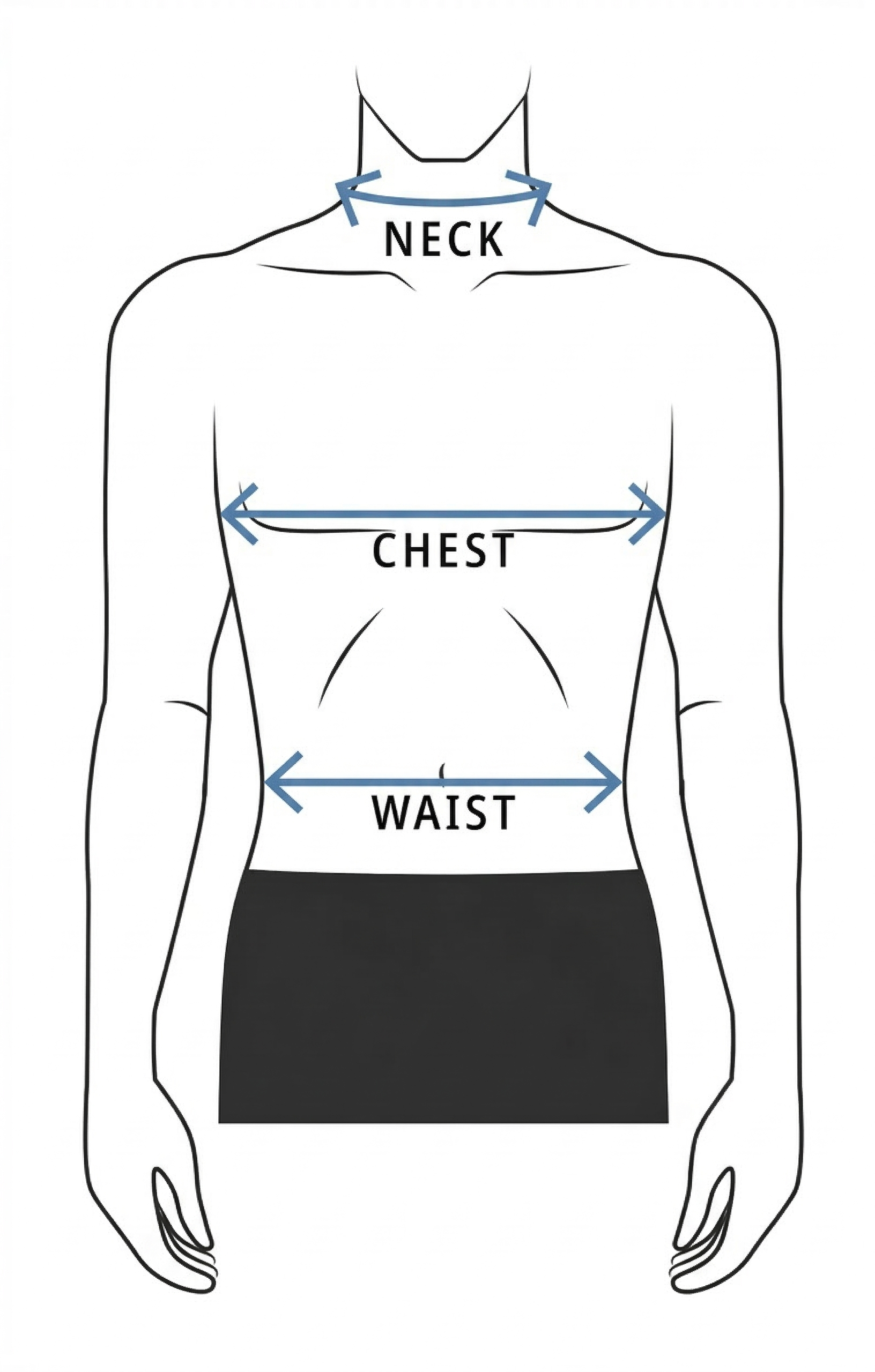 Men's body measurement guide showing neck, chest, and waist