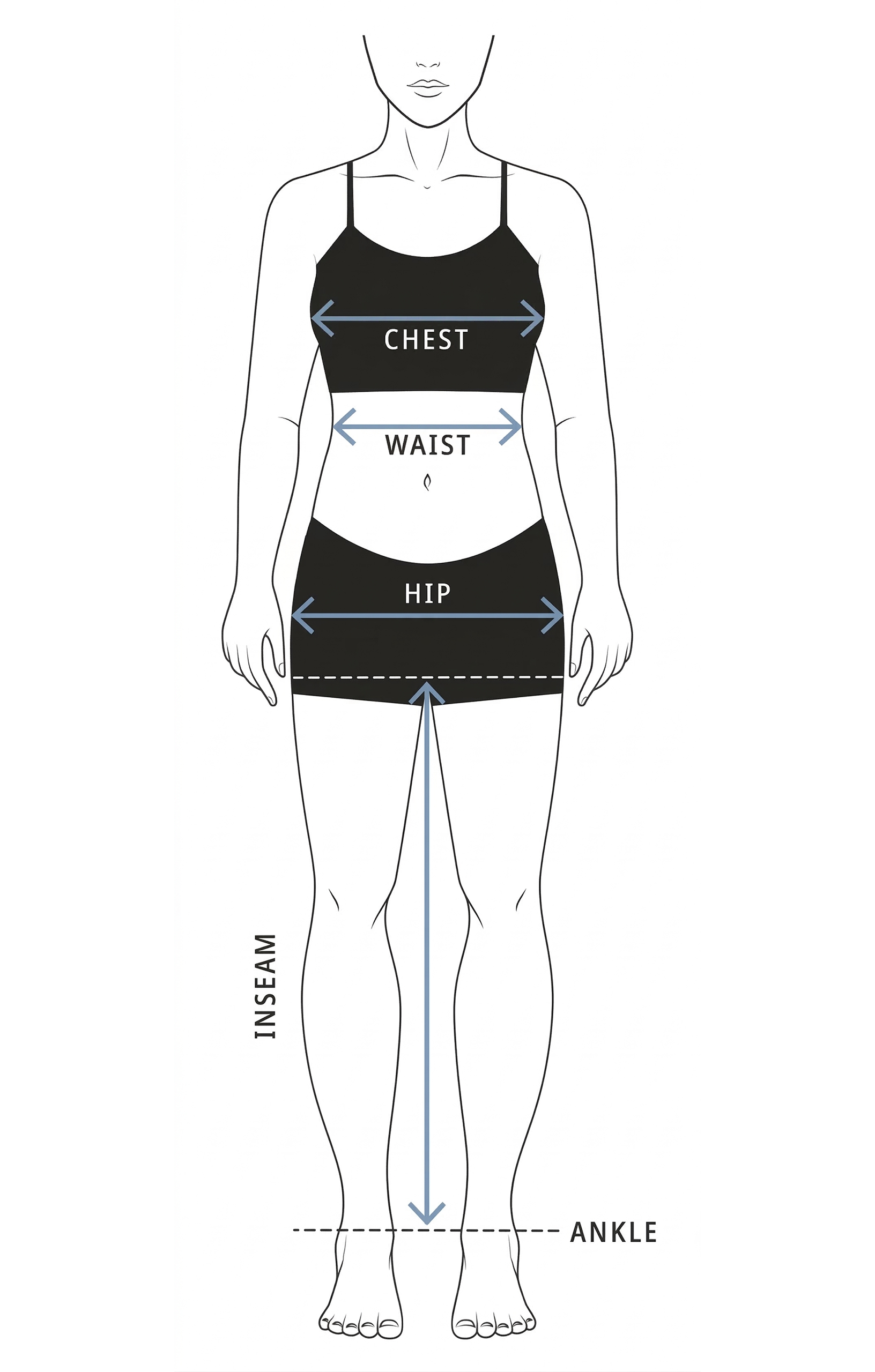 Women's body measurement guide showing chest, waist, hip, and inseam